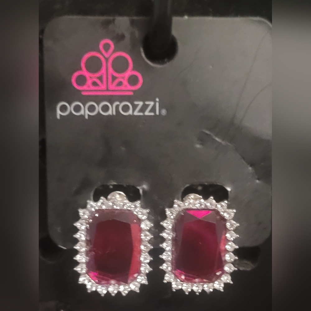 Red Gem and rhinestone Clip on Earrings
